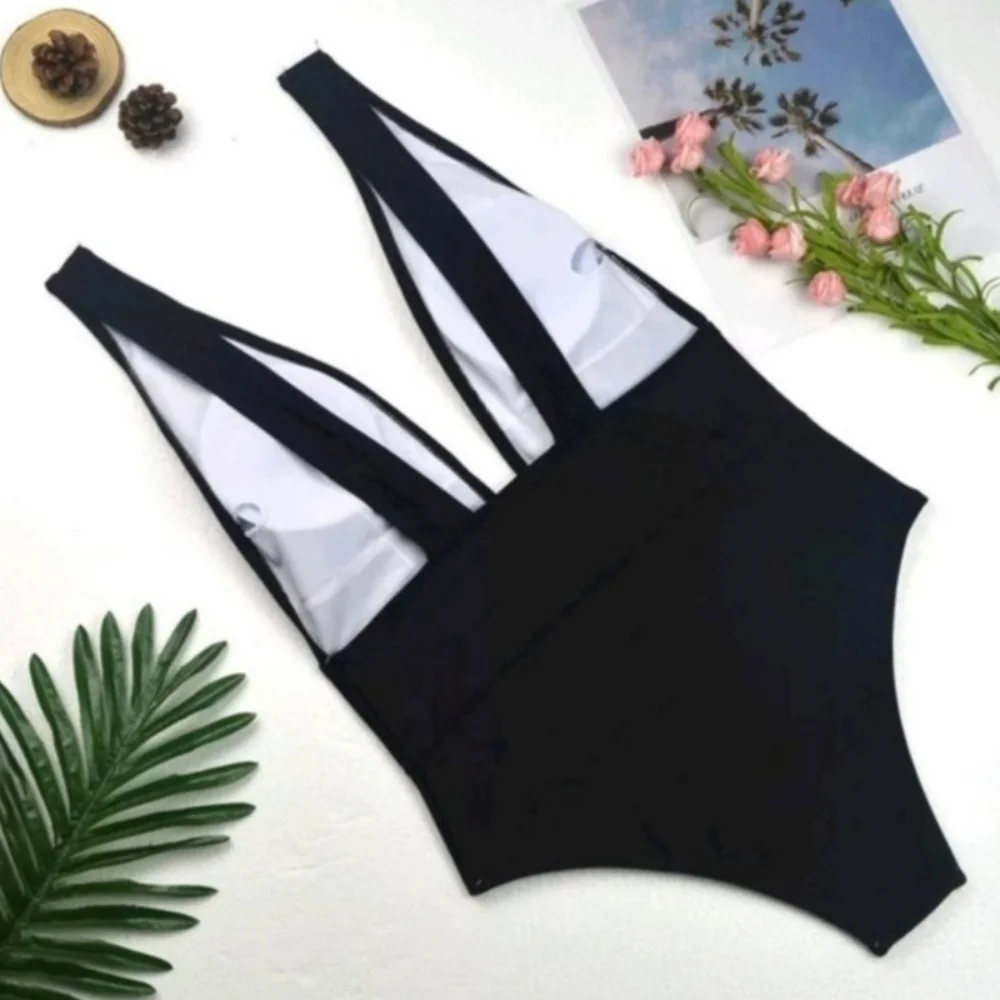 New Black V-neck low Back One Piece Swimsuit Size M